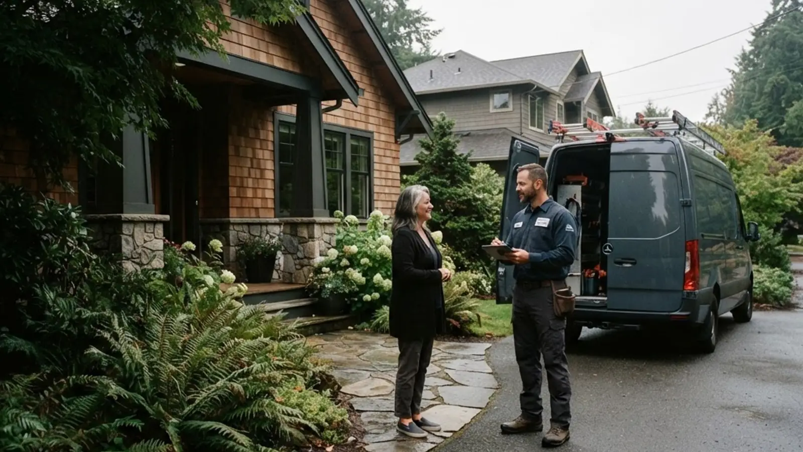 Trusted local home service technician meeting a homeowner at a Pacific Northwest residence