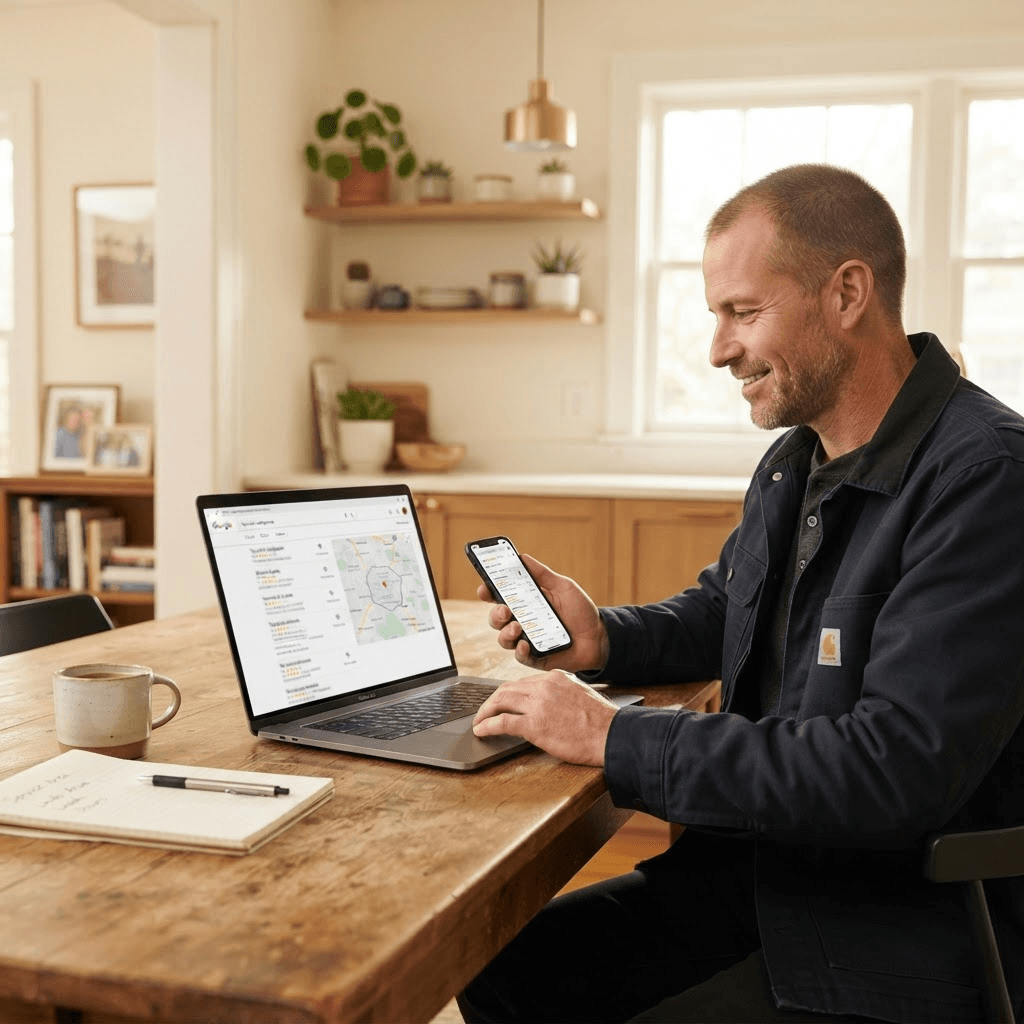 Local service business owner reviewing local search results and a service-area map