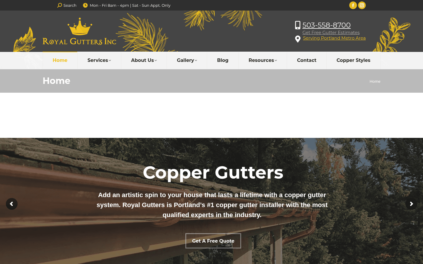 Royal Gutters website showing segmented service pages and quote paths