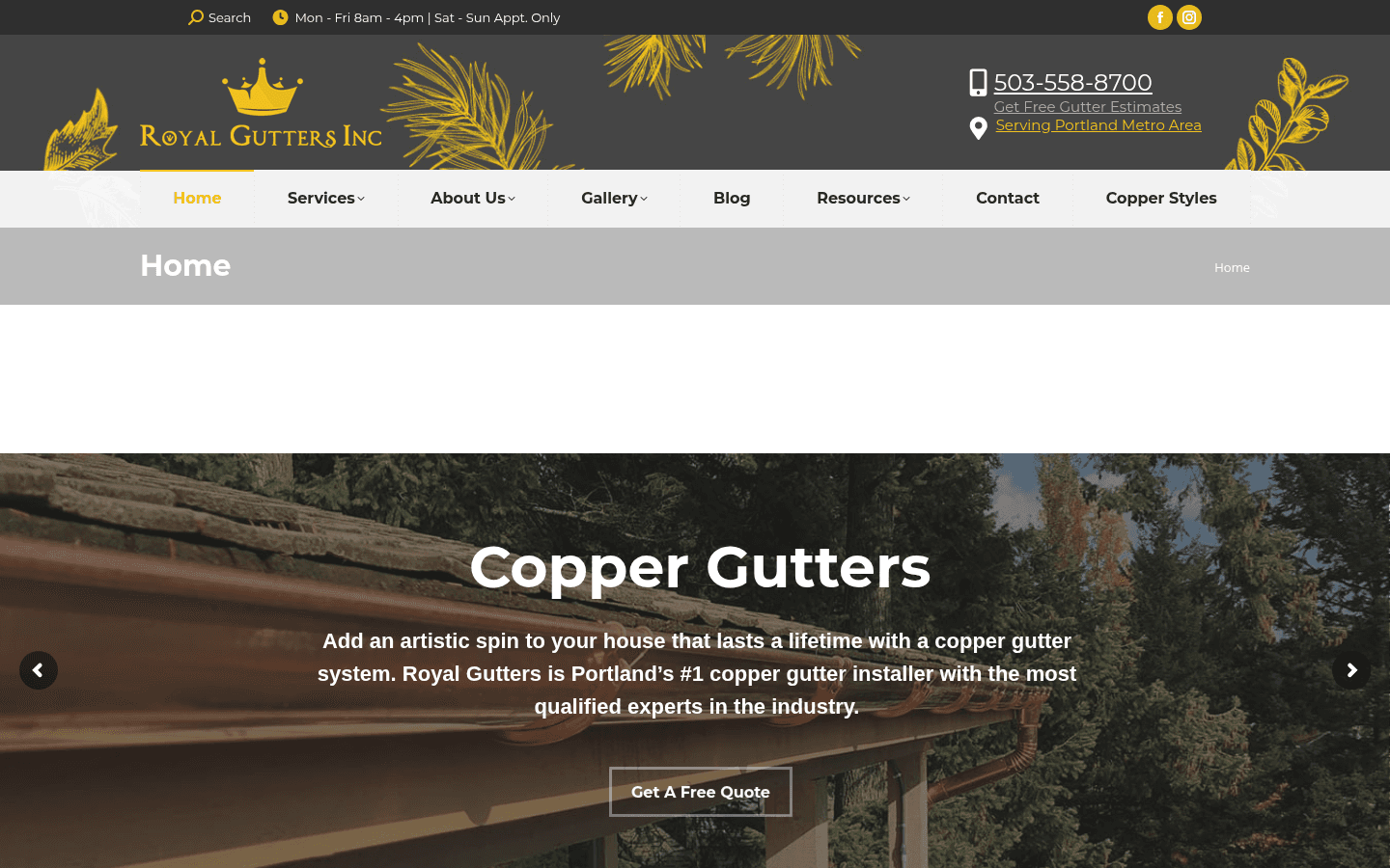 Screenshot of Royal Gutters website
