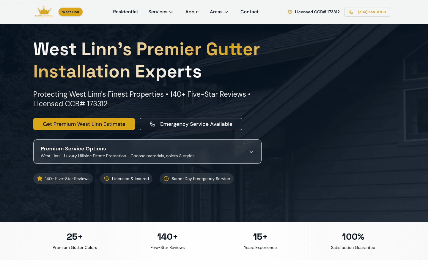 Screenshot of Royal Gutters West Linn website