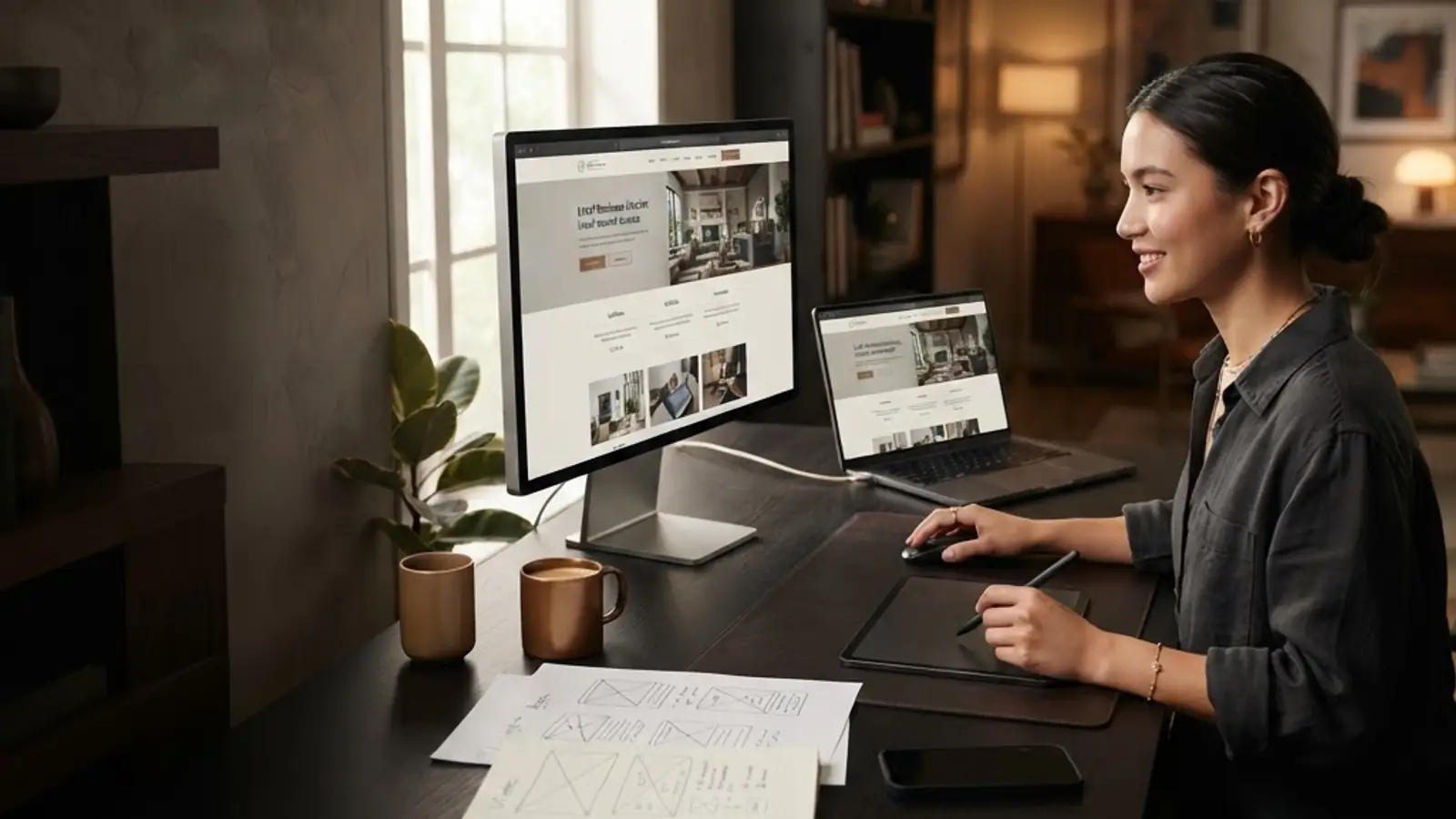 Designer building a local service business website across desktop and mobile screens