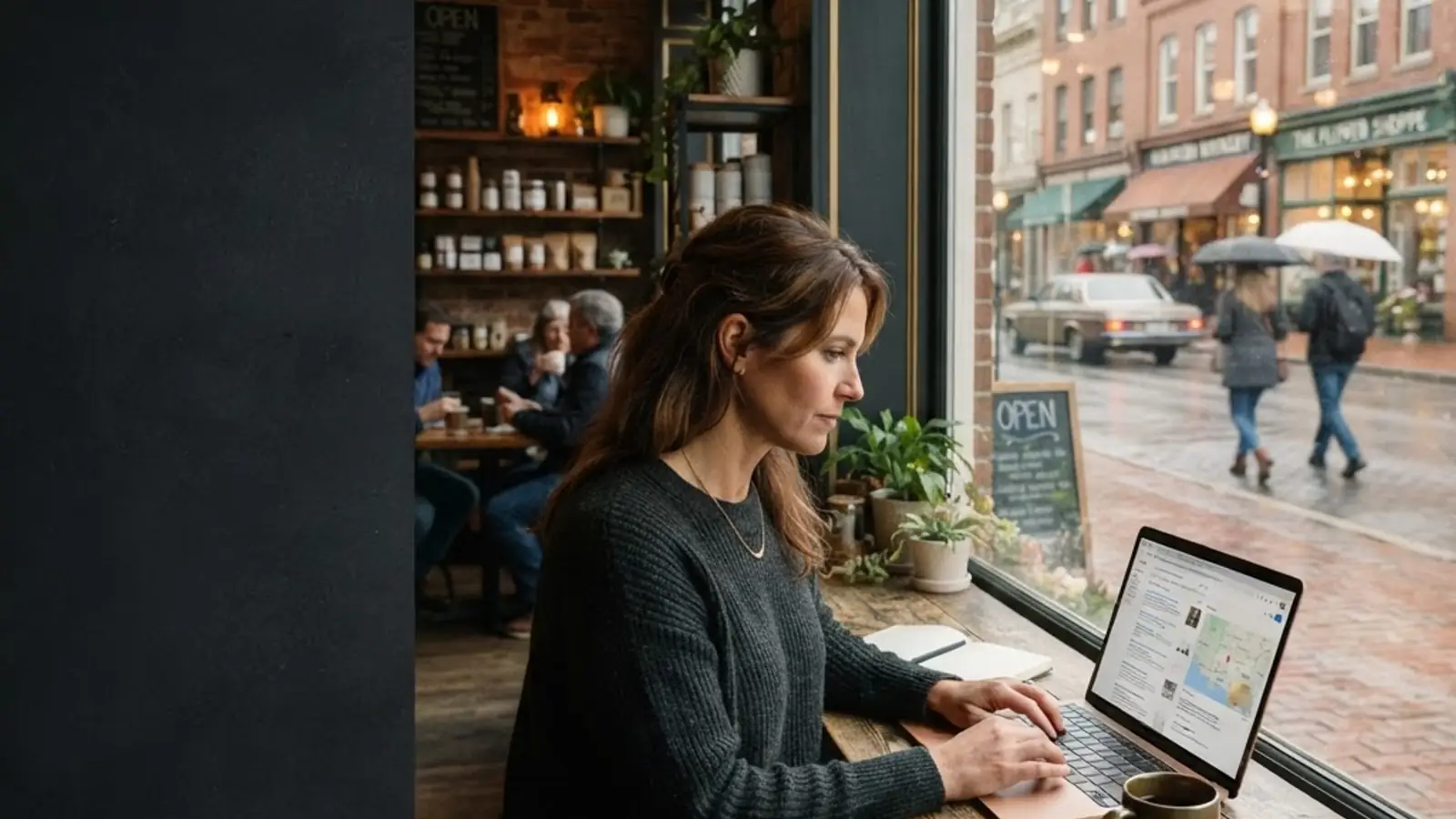 Local business owner reviewing neighborhood search visibility at a storefront